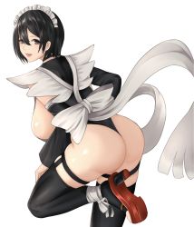 Rule 34 | 1girl, ass, back, black hair, black leotard, black thighhighs, bow, breasts, brown eyes, commentary request, curvy, detached sleeves, hand on own leg, high heels, highleg, highleg leotard, highres, huge ass, iroha (samurai spirits), japanese clothes, kurone rinka, large breasts, leg up, leotard, lips, long sleeves, looking at viewer, looking back, maid, maid headdress, maid leotard, open mouth, revision, samurai spirits, shiny skin, short hair, sideboob, simple background, smile, snk, solo, standing, standing on one leg, thighhighs, thighs, thong leotard, toeless legwear, unconventional maid, white background, white bow, wide hips