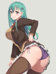 Rule 34 | 1girl, aqua eyes, aqua hair, ass, assisted exposure, blush, bow, bowtie, breasts, brown jacket, brown skirt, brown thighhighs, cowboy shot, frilled skirt, frills, grey background, grin, hair ornament, hairclip, jacket, kantai collection, kurowan, large breasts, long sleeves, looking at viewer, open clothes, open jacket, panties, purple panties, red bow, red bowtie, remodel (kantai collection), side-tie panties, skirt, smile, solo, suzuya (kancolle), thighhighs, underwear, upper body