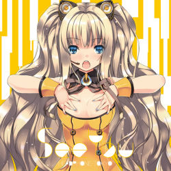 Rule 34 | 1girl, :o, album cover, animal ears, blonde hair, blue eyes, breast suppress, breasts, cat ears, cover, hands on breasts, headset, long hair, nail polish, open mouth, original, refeia, seeu, small breasts, solo, very long hair, vocaloid