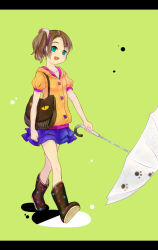 Rule 34 | 1girl, bag, blue eyes, boots, border, brown hair, child, collarbone, green background, hantoumei namako, open mouth, parted bangs, ponytail, rubber boots, scrunchie, short sleeves, shoulder bag, side ponytail, simple background, skirt, smile, solo, umbrella