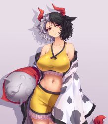 Rule 34 | 1girl, animal ears, animal print, bare shoulders, black hair, breasts, cleavage, collarbone, commentary, cow ears, cow horns, cow print, crop top, english commentary, grey background, hater (hatater), head tilt, highres, horns, large breasts, light smile, looking at viewer, midriff, multicolored hair, navel, off shoulder, orange eyes, short hair, shorts, simple background, solo, split-color hair, sports bra, tail, touhou, two-tone hair, ushizaki urumi, white hair