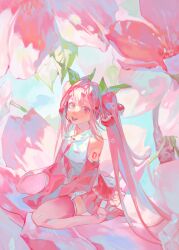 Rule 34 | 1girl, absurdres, bare shoulders, boots, breasts, cherry blossoms, cherry hair ornament, collared shirt, commentary, detached sleeves, food-themed hair ornament, full body, hair ornament, hatsune miku, headset, highres, long hair, looking at viewer, medium breasts, number tattoo, open mouth, pink eyes, pink footwear, pink hair, pink nails, pink sleeves, sakura miku, shirt, shoulder tattoo, sitting, sleeveless, sleeveless shirt, solo, tattoo, thigh boots, thighhighs, twintails, very long hair, vocaloid, wariza, white shirt, xiangzizg, zettai ryouiki