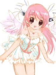 Rule 34 | 1girl, angel, bare shoulders, hair ornament, long hair, looking at viewer, lowres, misha, misha (pita ten), pink hair, pita ten, rabbit hair ornament, simple background, solo, white background, wings