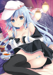 Rule 34 | 10s, 1girl, black thighhighs, blue eyes, breasts, cup, hammer and sickle, hat, hibiki (kancolle), jam, kantai collection, long hair, looking at viewer, panties, school uniform, serafuku, silver hair, skirt, small breasts, solo, striped clothes, striped panties, teacup, thighhighs, tsukiji, underwear, verniy (kancolle)