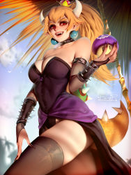 Rule 34 | 1girl, aleriia v, armlet, artist name, bare shoulders, black collar, black leotard, bowsette, bracelet, breasts, bridal gauntlets, collar, collarbone, commentary, crown, day, earrings, english commentary, eyebrows, fang, fingernails, forked eyebrows, hand up, high ponytail, highres, horns, jewelry, leotard, long fingernails, long hair, looking at viewer, mario (series), medium breasts, mushroom, nail polish, new super mario bros. u deluxe, nintendo, open mouth, orange hair, outdoors, pointy ears, poison mushroom, red eyes, red nails, sharp fingernails, skirt, sky, slit pupils, smile, solo, spiked armlet, spiked bracelet, spiked collar, spiked shell, spiked tail, spikes, strapless, strapless leotard, super crown, tail, teeth, thick eyebrows, thighhighs, turtle shell, upper teeth only