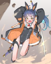 Rule 34 | 1girl, akari (raigou), angry, animal ears, arms up, black coat, black leotard, blue hair, blurry, blurry foreground, brown eyes, coat, detached collar, fake animal ears, female focus, fighting stance, highres, holding, holding sword, holding weapon, jumping, leotard, multicolored hair, ootachi, open mouth, original, playboy bunny, rabbit ears, rabbit tail, raigou, sharp teeth, sheath, solo, strapless, strapless leotard, sword, teeth, thigh strap, weapon
