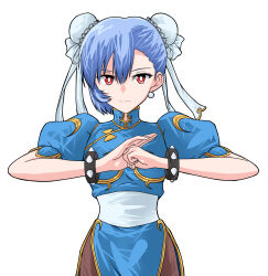 Rule 34 | :|, adapted costume, asymmetrical bangs, ayanami rei, blue hair, blue ribbon, blue sash, bracelet, breasts, bright pupils, brown pantyhose, bun cover, capcom, china dress, chinese clothes, chun-li, chun-li (cosplay), closed mouth, commentary, cosplay, double bun, dress, earrings, expressionless, fighting stance, frog button, hair bun, hair ribbon, highres, jewelry, mandarin collar, medium breasts, neon genesis evangelion, own hands together, pantyhose, pelvic curtain, pink dress, pink ribbon, pink sash, puffy short sleeves, puffy sleeves, red eyes, ribbon, sash, sashimi (sasihmi), short hair, short sleeves, side slit, simple background, spiked bracelet, spikes, standing, straight-on, street fighter, toggles, white background, white pupils