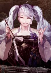 Rule 34 | 1girl, alternate hair color, brown eyes, duto, hair bobbles, hair ornament, korean clothes, league of legends, looking at viewer, silver hair, smile, solo, sona (league of legends)