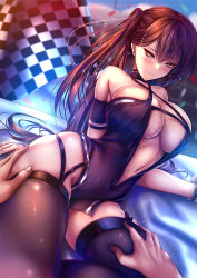 Rule 34 | 1boy, 1girl, akeyama kitsune, arms behind back, azur lane, bare shoulders, black thighhighs, blush, breasts, brown hair, center opening, cleavage, closed mouth, collarbone, criss-cross halter, embarrassed, halterneck, large breasts, leg grab, long hair, navel, out of frame, pov, pov hands, thigh grab, thighhighs, thighs, yellow eyes, zuikaku (azur lane), zuikaku (the wind&#039;s true name) (azur lane)