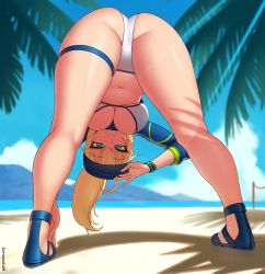 Rule 34 | 1girl, ahoge, artist name, artoria pendragon (fate), ass, baseball cap, beach, bent over, bikini, blonde hair, blue eyes, blue hat, blue sky, breasts, cloud, commission, day, fate/grand order, fate (series), full body, hand on headwear, hat, kneepits, kuroonehalf, large breasts, legs apart, long hair, looking through own legs, mysterious heroine x (fate), mysterious heroine xx (fate), navel, outdoors, palm tree, ponytail, sandals, shrug (clothing), sky, smile, solo, sunlight, swimsuit, thigh strap, tree, white bikini, wristband
