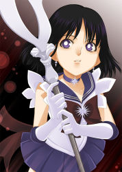 Rule 34 | 1990s (style), 1girl, bishoujo senshi sailor moon, black hair, bow, brooch, brown bow, choker, darax, elbow gloves, gloves, holding, holding polearm, holding spear, holding weapon, parted lips, polearm, purple eyes, purple skirt, retro artstyle, sailor saturn, short hair, silence glaive, skirt, solo, spear, star brooch, tomoe hotaru, weapon, white gloves