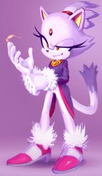Rule 34 | 1girl, absurdres, animal ears, blaze the cat, cat ears, cat tail, eyelashes, fire, forehead jewel, full body, furry, furry female, gloves, high heels, highres, knockabiller, purple background, pyrokinesis, smile, solo, sonic (series), standing, tail, white gloves, yellow eyes
