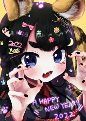 Rule 34 | 1girl, 2022, :3, alternate costume, animal ears, black hair, black kimono, black nails, blue eyes, blush, bow, bug, centipede, chinese zodiac, claw pose, clover hair ornament, commentary, crescent, crescent hair ornament, decora, fang, floral print, flower, four-leaf clover hair ornament, gao, hair bow, hair flower, hair ornament, hairclip, hands up, happy new year, highres, insect hair ornament, japanese clothes, kimono, looking at viewer, miwa (misui7d), nazono mito, new year, nijisanji, obi, paw print, pink bow, print kimono, rabbit hair ornament, red flower, sash, simple background, skin fang, solo, star (symbol), star hair ornament, star in eye, symbol-only commentary, symbol in eye, tail, thick eyebrows, tiger ears, tiger tail, tsukino mito, upper body, v-shaped eyebrows, virtual youtuber, year of the tiger, yellow background