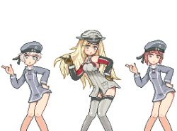 Rule 34 | 10s, 3girls, bad id, bad pixiv id, bare shoulders, bismarck (kancolle), blonde hair, blue eyes, blush, bottomless, brown hair, clothes writing, elbow gloves, ga rune pose, gloves, grey legwear, hat, kantai collection, kuavera, long sleeves, lowres, military, military uniform, multiple girls, open mouth, pixel art, pointing, sailor hat, silver hair, sleeveless, thighhighs, transparent background, uniform, white background, z1 leberecht maass (kancolle), z3 max schultz (kancolle), zettai ryouiki
