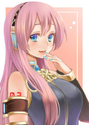 Rule 34 | 1girl, aqua eyes, bare shoulders, blue eyes, blue nails, breasts, colored eyelashes, eyelashes, gradient eyes, headphones, large breasts, lips, long hair, looking at viewer, mamepon, megurine luka, multicolored eyes, nail polish, pink hair, smile, solo, vocaloid