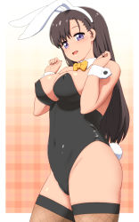 Rule 34 | 1girl, animal ears, anime coloring, black leotard, blush, bow, bowtie, breasts squeezed together, breasts, brown hair, cameltoe, capitan (tsyoujo), covered erect nipples, covered navel, detached collar, fake animal ears, fake tail, fishnet thighhighs, fishnets, highres, large breasts, leotard, long hair, looking at viewer, open mouth, original, playboy bunny, purple eyes, rabbit ears, rabbit tail, solo, strapless, strapless leotard, tail, thighhighs, wing collar, wrist cuffs