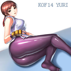 Rule 34 | 1girl, ass, bare shoulders, blush, breasts, brown eyes, fingerless gloves, gloves, headband, highres, large breasts, looking at viewer, lying, on side, open mouth, pants, parted lips, red hair, ryuuko no ken, shiny clothes, short hair, sideboob, smile, snk, solo, spandex, the king of fighters, the king of fighters xiv, thighs, turna98, yuri sakazaki