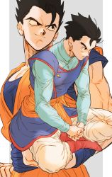 Rule 34 | 1boy, bad id, bad twitter id, black eyes, black hair, boots, clenched hand, closed mouth, commentary, dougi, dragon ball, dragonball z, earrings, highres, indian style, jewelry, male focus, multiple views, pants, potara earrings, sash, shirt, sitting, smile, son gohan, symbol-only commentary, yoyoha chan