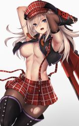 Rule 34 | 1girl, :o, absurdres, alisa ilinichina amiella, areola slip, armpits, arms up, black footwear, black gloves, black vest, blue eyes, blush, boots, breasts, brown thighhighs, cabbie hat, elbow gloves, fingerless gloves, gloves, god eater, grey background, hair between eyes, has bad revision, has downscaled revision, hat, highres, holding, holding weapon, huge weapon, large breasts, leg up, long hair, looking at viewer, md5 mismatch, navel, open clothes, open mouth, open vest, pantyhose, plaid, plaid headwear, plaid skirt, red hat, red skirt, resolution mismatch, revealing clothes, revision, silver hair, simple background, skirt, snm (sunimi), solo, source smaller, stomach, suspender skirt, suspenders, suspenders pull, thigh boots, thigh gap, thighhighs, torn clothes, torn legwear, underboob, v-shaped eyebrows, vest, weapon