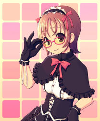 Rule 34 | 1girl, adjusting eyewear, black gloves, black skirt, brown eyes, brown hair, buttons, capelet, corset, cross-laced clothes, frills, glasses, gloves, goth fashion, hairband, kimarin, lolita hairband, looking at viewer, original, red-framed eyewear, shirt, short hair, simple background, skirt, solo, underbust, white shirt