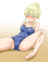 Rule 34 | 10s, 1girl, arm support, asobi asobase, barefoot, blonde hair, blue one-piece swimsuit, blush, breasts, collarbone, ear blush, embarrassed, female focus, gradient background, hair bun, half-closed eyes, have to pee, keitoku, knee up, looking at viewer, medium breasts, nose blush, olivia (asobi asobase), one-piece swimsuit, shiny clothes, shiny skin, simple background, single hair bun, sitting, solo, spaghetti strap, spread legs, swimsuit, tears, wet, white background, yellow background