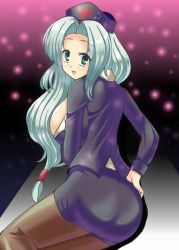 Rule 34 | 1girl, back, blush, breasts, brown pantyhose, cleavage, contemporary, easily, female focus, formal, green eyes, grey eyes, hat, highres, jacket, large breasts, long hair, looking back, nurse cap, office lady, open mouth, pantyhose, pencil skirt, silver hair, sitt, skirt, skirt suit, smile, solo, suit, touhou, yagokoro eirin