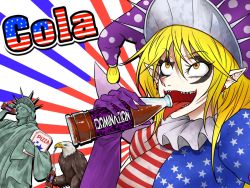 Rule 34 | &#039;murica, 1girl, american flag, american flag dress, bald eagle, bird, blonde hair, clownpiece, drinking straw, eagle, english text, eyeliner, forehead tattoo, hair between eyes, hat, jester cap, legacy of lunatic kingdom, long hair, long sleeves, looking at viewer, makeup, open mouth, pointy ears, ryuuichi (f dragon), sharp teeth, soda bottle, solo, star-shaped pupils, star (symbol), statue of liberty, symbol-shaped pupils, teeth, tongue, tongue out, touhou, yellow eyes