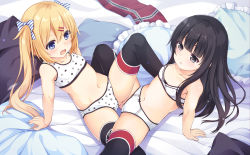 Rule 34 | arm support, bare arms, bare shoulders, bed sheet, black hair, black legwear, blonde hair, blue eyes, blunt bangs, blush, bow, bow bra, bow panties, bra, breasts, collarbone, commentary request, copyright request, diagonal-striped bow, feet out of frame, frilled pillow, frills, grey eyes, hair between eyes, hair bow, hair ornament, hairclip, highres, open mouth, panties, parted lips, pillow, print bra, sakuraba hikaru (loveindog), small breasts, star (symbol), star panties, star print, thighhighs, training bra, twintails, underwear, underwear only, white bra, white panties