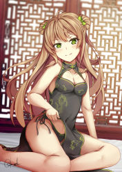 Rule 34 | 1girl, :d, absurdres, bare shoulders, blush, bow, breasts, brown hair, china dress, chinese clothes, chrisandita, cleavage, clothes lift, collarbone, double bun, dress, girls&#039; frontline, green eyes, hair bow, hair ribbon, highres, lifting own clothes, long hair, looking at viewer, medium breasts, open mouth, panties, rfb (girls&#039; frontline), ribbon, signature, sitting, skirt, skirt lift, smile, solo, string panties, underwear