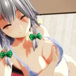 Rule 34 | 1boy, 1girl, 3d, animated, blue hair, bra, breasts, cleavage, close-up, closed eyes, grabbing, grabbing another&#039;s breast, grey hair, happy, izayoi sakuya, large breasts, legs, lying, mofumoko5, navel, on side, pov, pov hands, short hair, smile, tagme, thighs, thong, toned, touhou, underwear, video