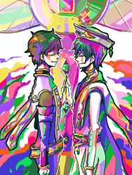 Rule 34 | 2boys, cape, code geass, colorful, closed eyes, gakebuchi, happy, hat, multiple boys, smile