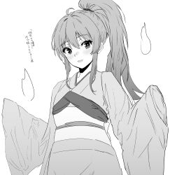 Rule 34 | 1girl, blush, botan (yu yu hakusho), commentary request, greyscale, highres, japanese clothes, kimono, long hair, long sleeves, looking at viewer, metsu end, monochrome, open mouth, ponytail, simple background, smile, solo, white background, yuu yuu hakusho