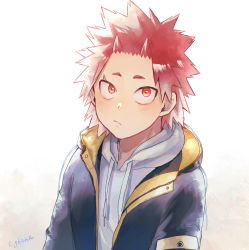 Rule 34 | 1boy, adcalcium, black jacket, boku no hero academia, closed mouth, commentary request, highres, hood, hood down, hoodie, jacket, kirishima eijirou, looking up, male focus, red eyes, red hair, short hair, simple background, solo, spiked hair, upper body, white background, white hoodie