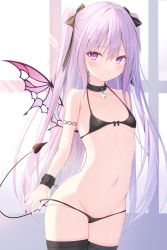 Rule 34 | 1girl, armlet, bare arms, bare shoulders, bikini, black bikini, black ribbon, black thighhighs, blush, borrowed character, breasts, butterfly wings, collar, contrapposto, cowboy shot, cuffs, demon tail, dot mouth, dot nose, embarrassed, fingernails, flat chest, front-tie bikini top, front-tie top, groin, hair between eyes, hair ribbon, halterneck, highres, insect wings, long hair, looking at viewer, micro bikini, navel, original, pink eyes, pink hair, ribbon, shackles, sharp fingernails, small breasts, solo, stomach, string bikini, swimsuit, tail, thighhighs, thong bikini, two side up, undressing, very long hair, wings, wristband, yunominomi