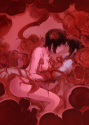 Rule 34 | 10s, 1boy, 1girl, 2015, benisuzume (gauna), black hair, breasts, bzerox, clothed male nude female, dated, closed eyes, gauna, girl on top, hetero, kiss, large breasts, monochrome, monster girl, nude, placenta (sidonia no kishi), red theme, short hair, sidonia no kishi, signature, straddling, tanikaze nagate, tentacles