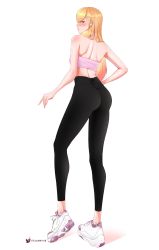 Rule 34 | absurdres, alternate costume, black pants, blonde hair, blush, bra, fraankyy, full body, hand on own hip, high-waist pants, highres, kitagawa marin, lips, looking at viewer, looking back, pants, shoes, sidelocks, skin tight, smile, sneakers, sono bisque doll wa koi wo suru, sports bra, sportswear, standing, tall, thick thighs, thighs, tight clothes, underwear, unfinished, white footwear, yoga pants