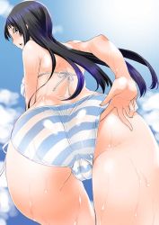 Rule 34 | 1girl, adjusting clothes, adjusting swimsuit, akiyama mio, ass, back, bikini, black eyes, black hair, blunt bangs, blush, breasts, cameltoe, cloud, day, dutch angle, from behind, from below, hime cut, k-on!, long hair, open mouth, shinama, side-tie bikini bottom, sky, solo, striped bikini, striped clothes, sunlight, swimsuit, teeth, wet, wet clothes