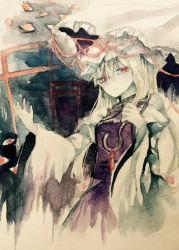 Rule 34 | 1girl, 4n3k, bad id, bad twitter id, blonde hair, bow, cloud, commentary request, dress, expressionless, gap (touhou), hair bow, hand up, hat, hat ribbon, holding, holding umbrella, long hair, long sleeves, looking down, mob cap, multiple torii, one-hour drawing challenge, parted lips, puffy long sleeves, puffy sleeves, red eyes, ribbon, shinonome myoke, sky, slit pupils, solo, star (sky), starry sky, tabard, torii, touhou, umbrella, white dress, wide sleeves, yakumo yukari