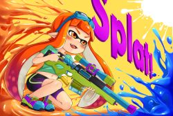 Rule 34 | 1girl, bike shorts, blush, commentary request, fangs, goggles, goggles on head, green shirt, gun, highres, holding, holding weapon, ink tank (splatoon), inkling, inkling girl, inkling player character, kitsunerider, long hair, matching hair/eyes, navel, nintendo, open mouth, orange eyes, orange hair, paint, paint splatter, pointy ears, reloading, rifle, shell casing, shirt, shoes, simple background, smile, sneakers, sniper rifle, solo, splatoon (series), splatoon 1, squatting, stomach, super soaker, t-shirt, tentacle hair, text focus, weapon
