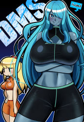 Rule 34 | arms under breasts, black eyes, blonde hair, blue background, blue eyes, blue hair, blue skin, blush, breasts, cleavage, cleavage cutout, clothing cutout, colored skin, dark samus, gradient background, highres, iriomote umineko, large breasts, long hair, looking at viewer, looking to the side, metroid, navel, nintendo, ponytail, samus aran, skin tight, smile, speech bubble, sportswear, straight hair, thick thighs, thighs