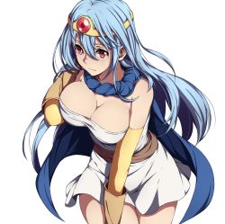 Rule 34 | 1girl, blue hair, breasts, cape, circlet, cleavage, dragon quest, dragon quest iii, dress, female focus, gloves, highres, large breasts, long hair, nagioka, red eyes, sage (dq3), simple background, solo, white background