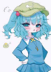 Rule 34 | 1girl, blue eyes, blue hair, blue shirt, blue skirt, blush, cowboy shot, fang, flat cap, green headwear, hair bobbles, hair ornament, hands on own hips, hat, highres, kawashiro nitori, key, long sleeves, looking at viewer, open mouth, pleated skirt, renakobonb, shirt, short hair, simple background, skirt, slit pupils, standing, touhou, twintails, v-shaped eyebrows, white background