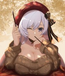 Rule 34 | 1girl, aran sweater, azur lane, belfast (azur lane), belfast (shopping with the head maid) (azur lane), beret, black bow, black choker, blush, bow, breasts, brown sweater, cable knit, choker, cleavage, commentary request, earrings, food, food in mouth, hair bow, hand on own chin, hat, highres, holding, holding food, hoop earrings, jewelry, kuwahara taiki, large breasts, long hair, long sleeves, looking at viewer, mouth hold, off-shoulder sweater, off shoulder, pocky, purple eyes, red hat, silver hair, solo, sweater, upper body