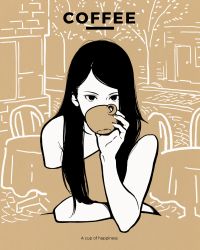Rule 34 | 1girl, black hair, blending, brown dress, brown theme, building, chair, covered mouth, cup, dress, english text, flat color, hair behind ear, highres, holding, holding cup, long hair, miyoshi yoshimi, original, solo, table, tree, upper body