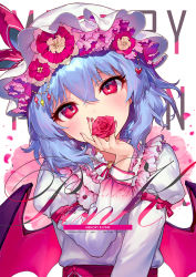 Rule 34 | 1girl, ainy, arm ribbon, artist name, bat wings, blue hair, blush, bow, commentary request, cover, covered mouth, dress, flower, frilled shirt collar, frills, hair between eyes, hand up, hat, hat bow, hat flower, head tilt, heart, juliet sleeves, long sleeves, looking at viewer, mob cap, nail polish, petals, pink flower, puffy sleeves, red bow, red eyes, red flower, red nails, red rose, red sash, remilia scarlet, ribbon, rose, sash, short hair, simple background, solo, touhou, twitter username, upper body, white background, white dress, white hat, wings