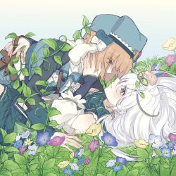 Rule 34 | 2girls, aoba chika, bare shoulders, belt pouch, black shirt, blue bow, blue eyes, blue flower, blue headwear, blue sky, blue vest, blush, bow, breast pocket, buttons, commentary request, detached sleeves, eyes visible through hair, field, flower, flower field, fur hat, green scarf, green shirt, green skirt, hand on another&#039;s cheek, hand on another&#039;s face, hand on another&#039;s head, hand rest, hat, head wreath, highres, layered sleeves, long hair, looking at another, lying, magia record: mahou shoujo madoka magica gaiden, magical girl, mahou shoujo madoka magica, midriff peek, miniskirt, miura asahi, multiple girls, multiple hat bows, on back, on grass, on person, orange hair, overgrown, pink flower, plant, pleated skirt, pocket, pouch, scar, scar on stomach, scarf, shirt, short hair, shoulder strap, skirt, sky, sleeve cuffs, smile, upper body, ushanka, very long hair, vest, vines, white hair, yellow flower, yukishiro (hitsuji), yuri