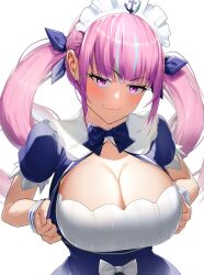 Rule 34 | 1girl, blue hair, blush, bow, bowtie, breasts, cleavage, cleavage cutout, clothing cutout, dress, hololive, large breasts, long hair, looking at viewer, maid headdress, minato aqua, multicolored hair, pink eyes, pink hair, short sleeves, smile, solo, streaked hair, tamamoice, twintails, two-tone hair, virtual youtuber