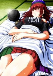 Rule 34 | 1girl, bare legs, bed, blanket, blush, breasts, chain, cleavage, commentary request, covered erect nipples, dated, detached sleeves, earrings, earth (ornament), closed eyes, fingernails, gold chain, hecatia lapislazuli, jewelry, large breasts, long hair, lying, moon (ornament), open mouth, panties, pantyshot, parted lips, red hair, signature, sleeping, solo, tatami, tatsuya (guild plus), touhou, underwear, white panties