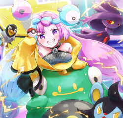 bellibolt bow-shaped_hair character_hair_ornament creatures_(company) game_freak gen_2_pokemon gen_4_pokemon hair_ornament hexagon_print iono_(pokemon) jacket luxio mismagius multicolored_hair nintendo pokemon pokemon_(creature) pokemon_sv teeth two-tone_hair wattrel x yashirupe yellow_jacket