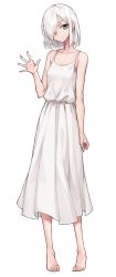 Rule 34 | 1girl, bare arms, bare shoulders, barefoot, closed mouth, dress, full body, grey eyes, hand up, highres, long dress, looking at viewer, oopartz yang, original, pigeon-toed, short hair, simple background, smile, solo, sundress, waving, white background, white dress, white hair